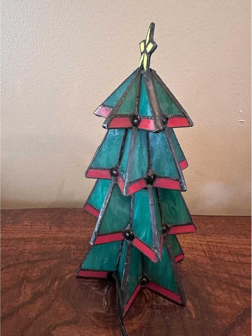 Vintage Tiffany-Style Stained Glass Christmas Tree Accent Lamp - Picture 4 of 6
